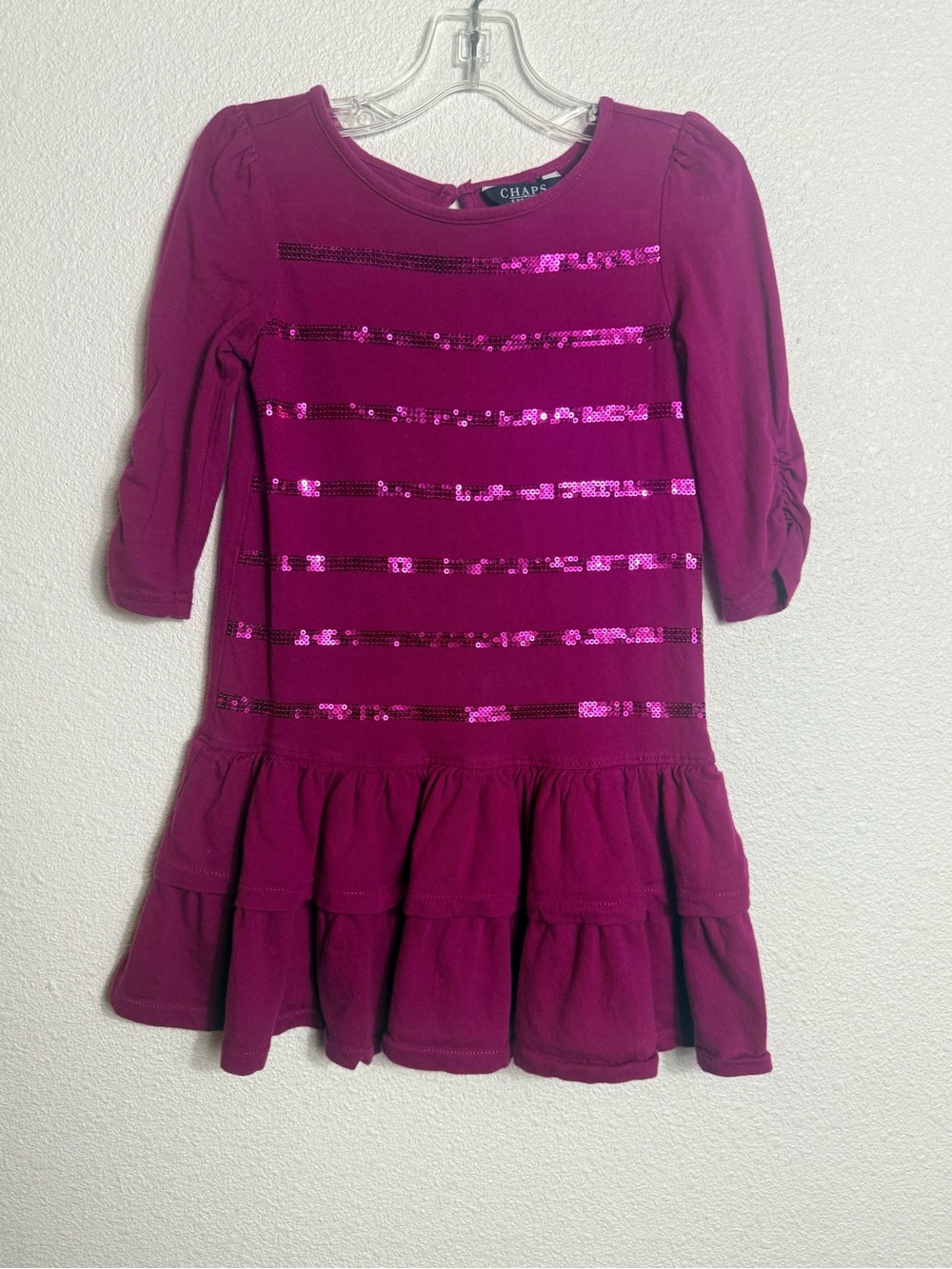 Chaps Girls' Fuchsia Sequin Ruffled Dress Sz 4 EUC